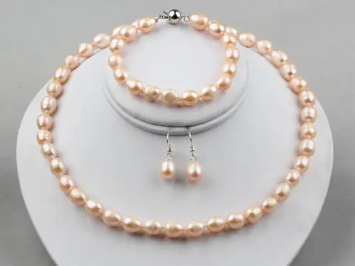 

Natural Pink Rice Freshwater Pearl Necklace and Matched Bracelet, Earrings set