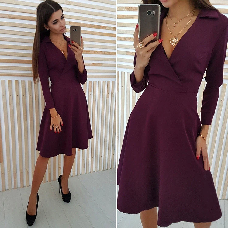 

2019 New Women Deep V-Neck Spring Dress Elegant Solid Long Sleeve Slim A-Line Dress Party Mini Dresses Female Vestidos