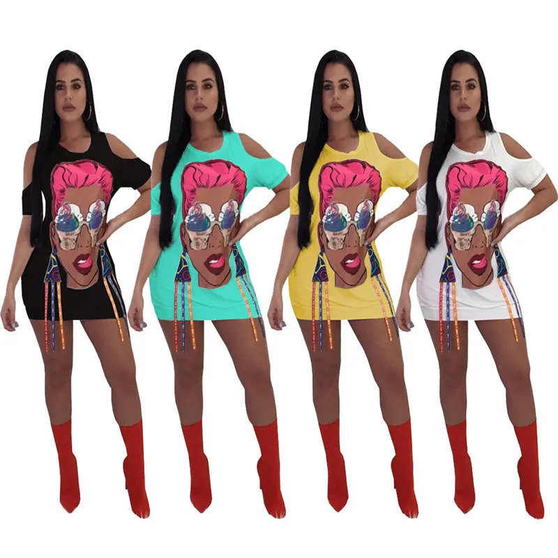 

2019 summer new funny women's dress short sleeve sleeve tassel print dress strapless cartoon avatar color bandwidth loose dress