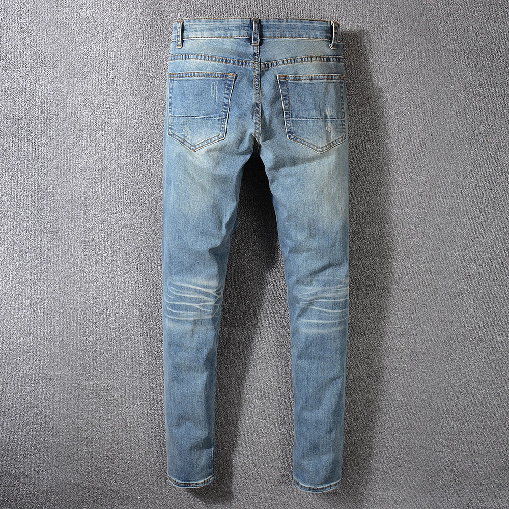 Denim De Maigre Imprimé Crayon Patch Jeans Fit Trous Déchiré Bleu Pantalon Biker Hommes Plissée Sokotoo Slim vqfwTFv