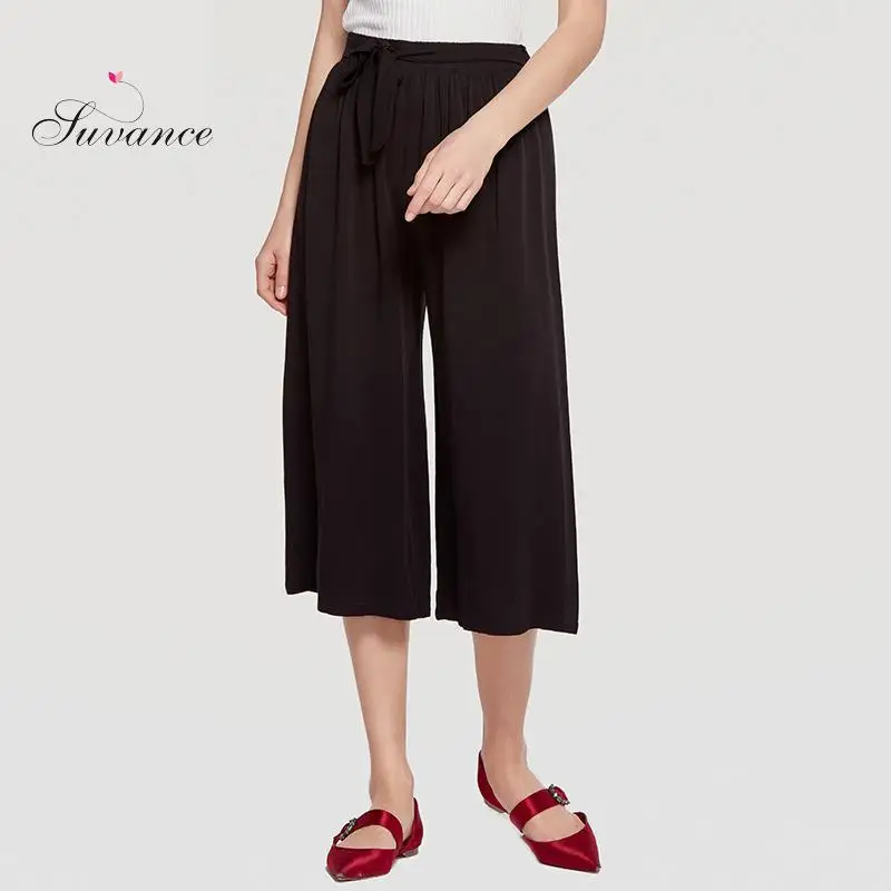 Suvacne Summer Office Lady 7 Solid Color High Waist Fashion Wide Leg Pants Thin Cotton Loose Calf-legth | Женская одежда