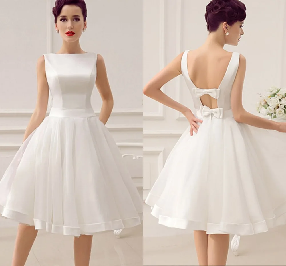 Elegant Short Wedding Dress Vintage Bridal Dress 1950 s Bateau Sleeveless  Satin Bow Back Wedding Dresses 2020 Bridal Gown|Wedding Dresses| -  AliExpress