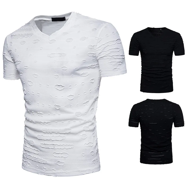 2018 новые летние Для мужчин футболка v-образным вырезом сплошной Цвет Повседневное короткий рукав модные футболки одежда брендовая мужская