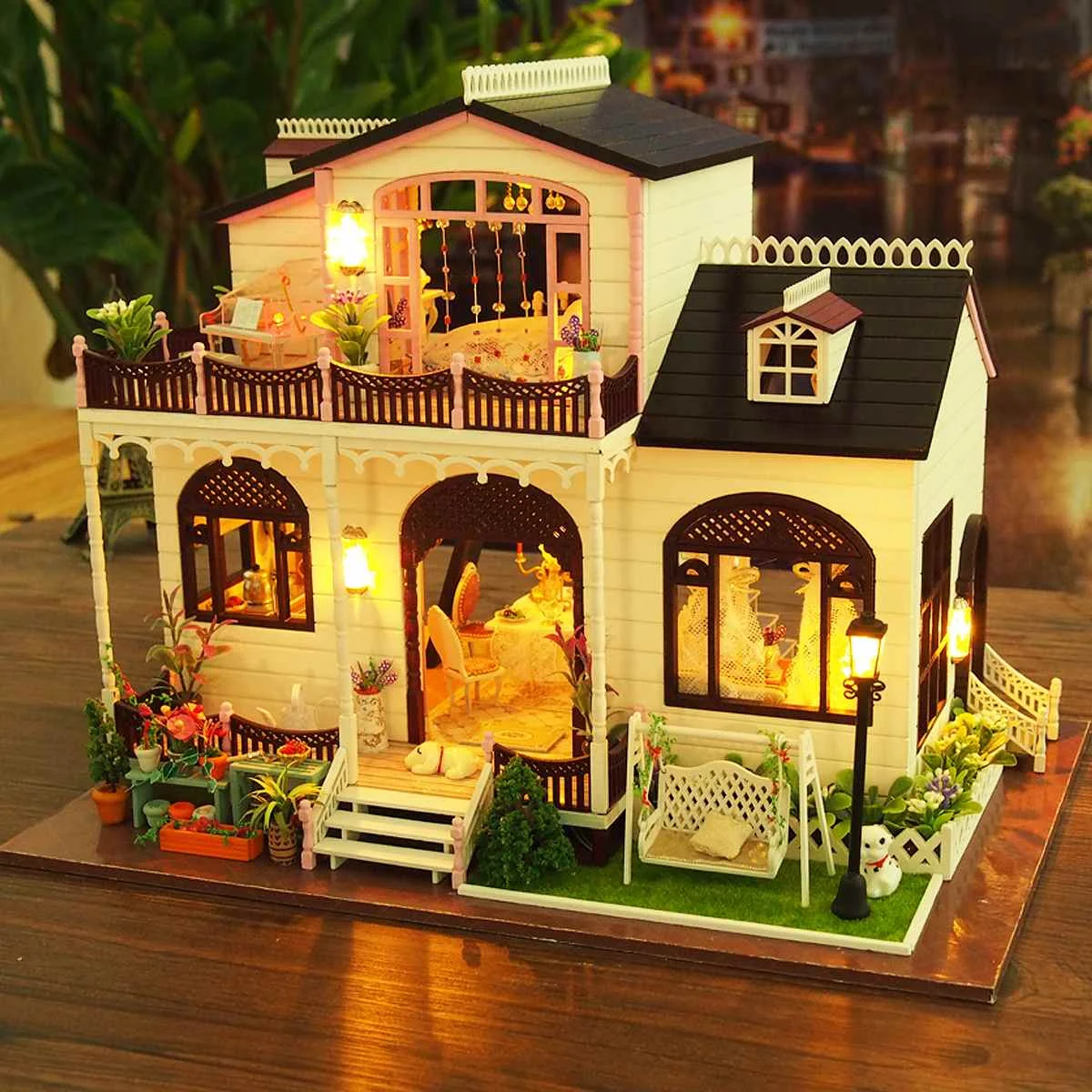DIY Кукольный дом Bowness город Деревянные маленькие кукольный дом мебель комплект модель с светодиодный свет игрушка детский подарок миниатюрный ремесла