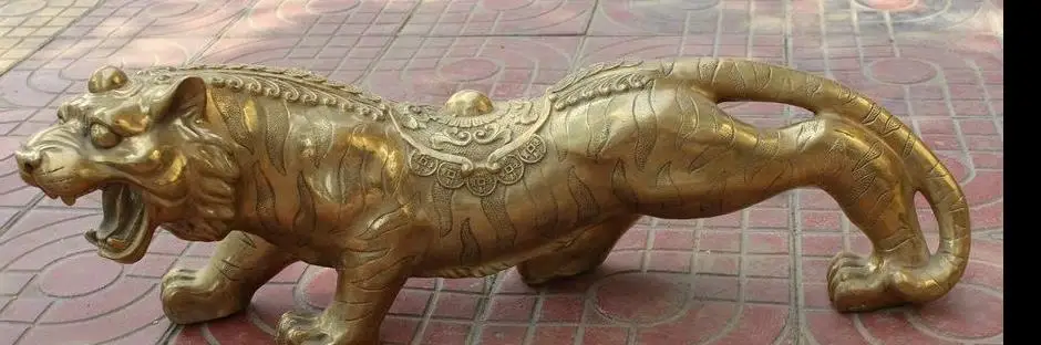 

671115300++27" Chinese Fengshui Brass Zodiac Year Tiger Coin Wealth ferocious Run Statue