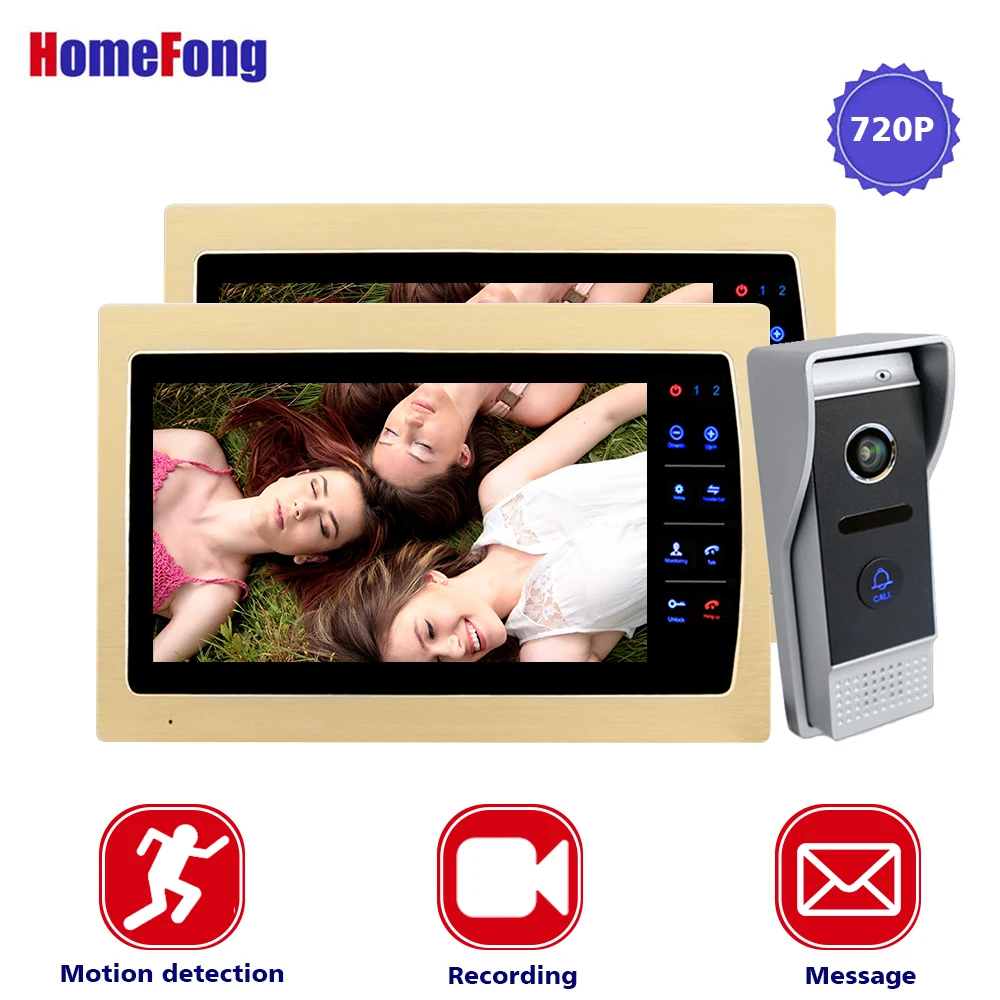 

Homefong 10 Inch Golden Video Intercom AHD Video Door Phone 2 Monitors with recording Function 720P 1 Outdoor Panel Motion Alarm