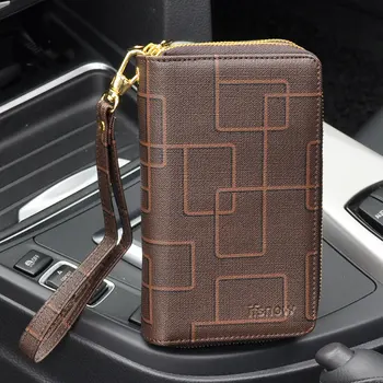 

Fashion Men Key Wallet, Double Layer, Brown Coffee Plaid, Coin Purse, Big Capacity with Wristlet Sling