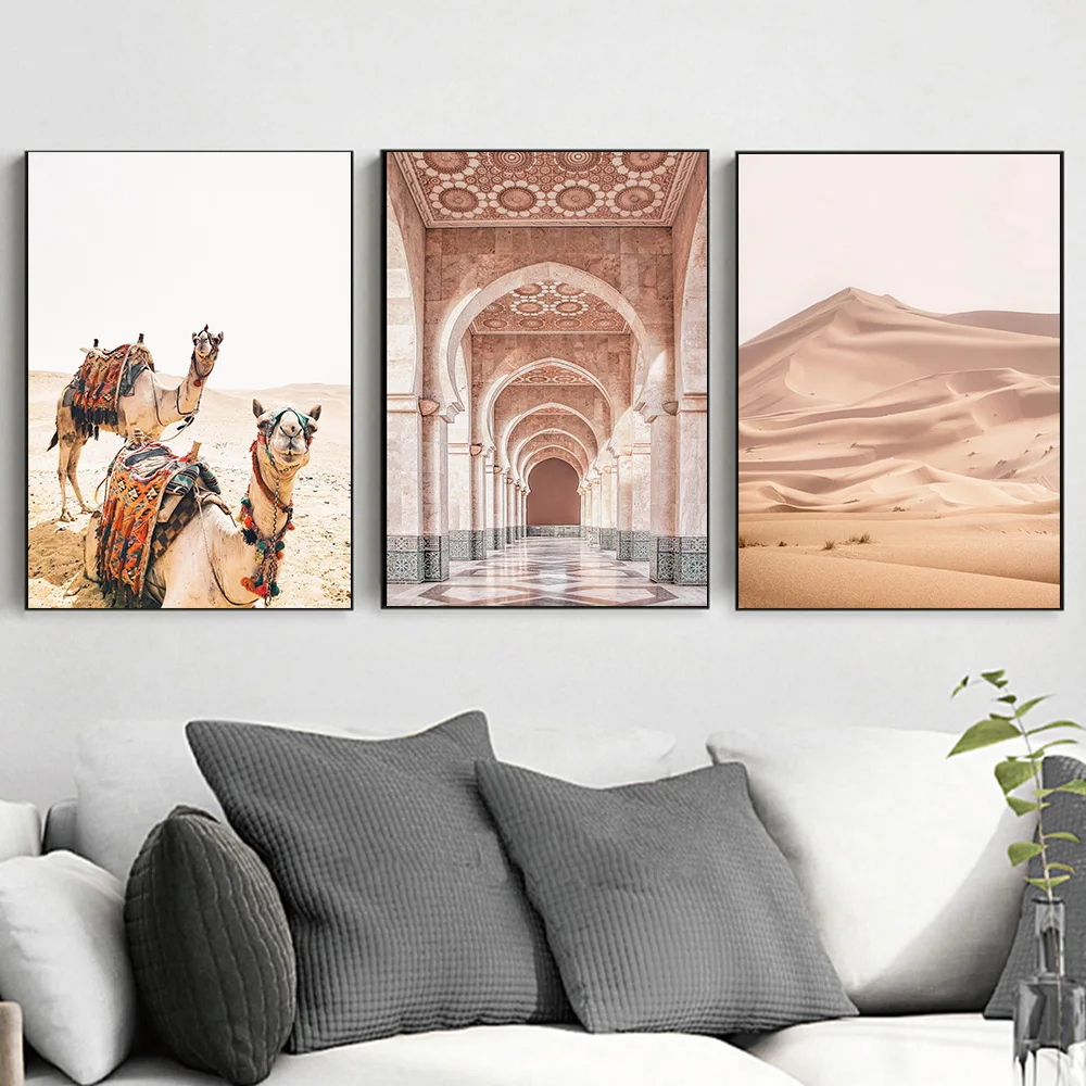 

Modular Picture Quotes Wall Art HD Canvas Morocco Door Camel Desert Scenery Painting Nordic Modern Living Room Home Decor Poster