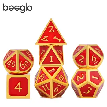 

Polyhedral Metal Dice with Velvet Pouch D4 D6 D8 D10 D12 D20 for RPG DnD MTG Board Games Gold with Red Enamel