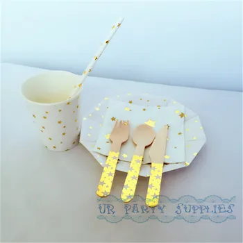 

120 Sets Sweet Salad Tableware Gold Star Party Paper Plates Cups Straws Napkins Wooden Utensils for Wedding New Year Decoration