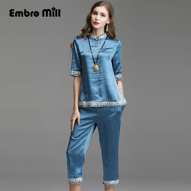 Embro Molen Vrouwen 2 peices set embrodiery top + kalf-lengte potlood broek Chinese stijl dame pak vrouwelijke Embro Molen Vrouwen 2 peices set embrodiery top + kalf-lengte potlood broek Chinese stijl dame pak vrouwelijke