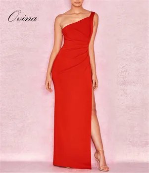 

Red One Shoulder Sleeveless Cut Out Slitted Side Full Length Bodycon Bandage Dress Evening Party Dress