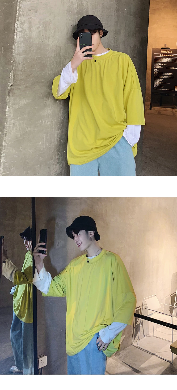 Летний мужской корейский стиль сплошной цвет семь частей рукав модный тренд круглый воротник хлопок одежда свободные футболки M-XL