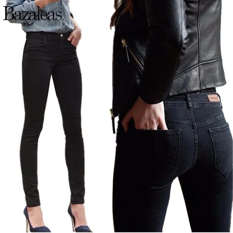 Bazaleas, женские джинсы, Стрейчевые узкие брюки-карандаш, черные повседневные джинсовые женские джинсы