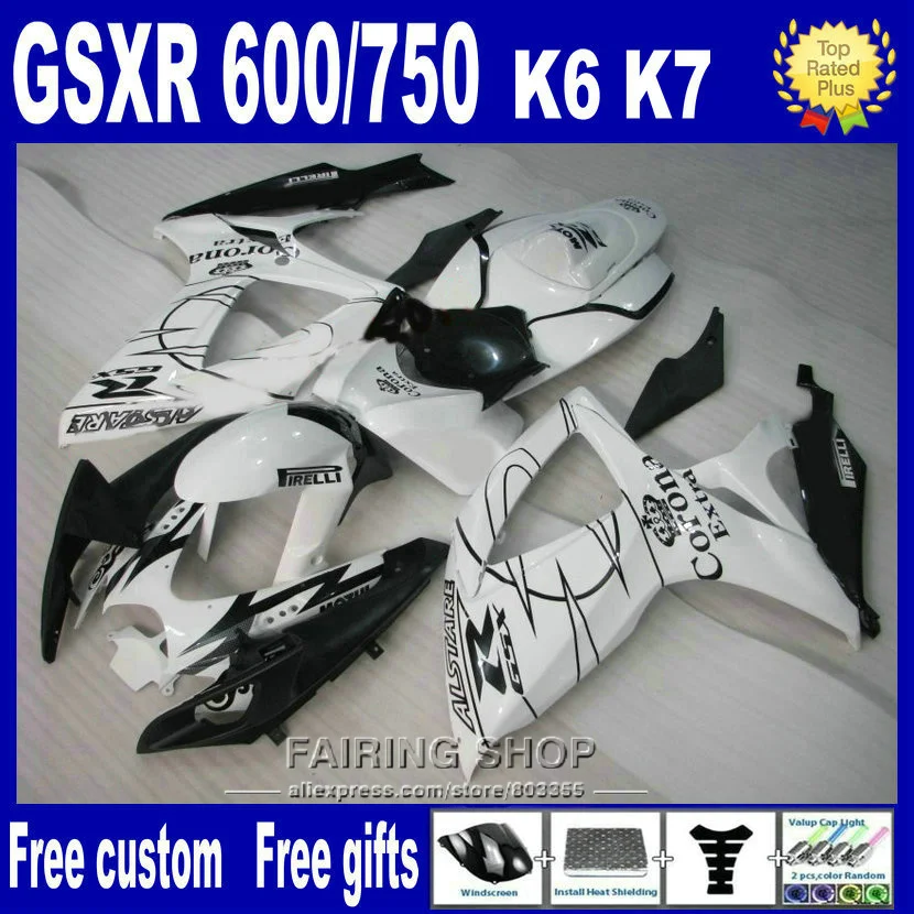 Литья под давлением бесплатно обтекатель комплект для suzuki GSXR 600 750 2006 2007 черно белые обтекатели комплект GSXR600 GSXR750 06 07 HQ89