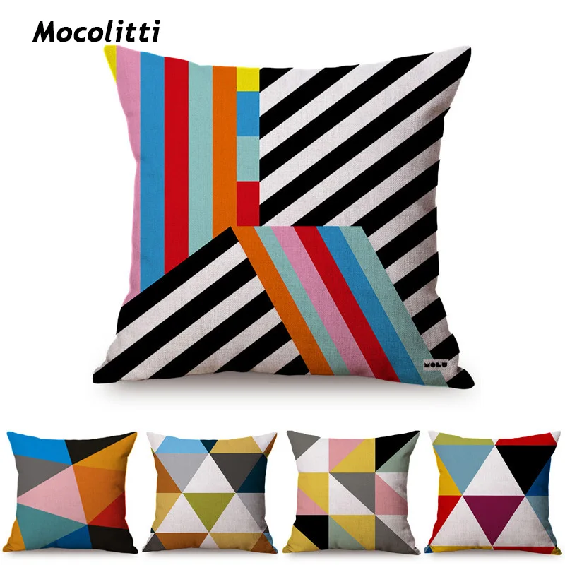 

Nordic Colorful Triangle Stripe Design Home Decoration Sofa Throw Pillow Case Memphis Geometric Style Cotton Linen Cushion Cover