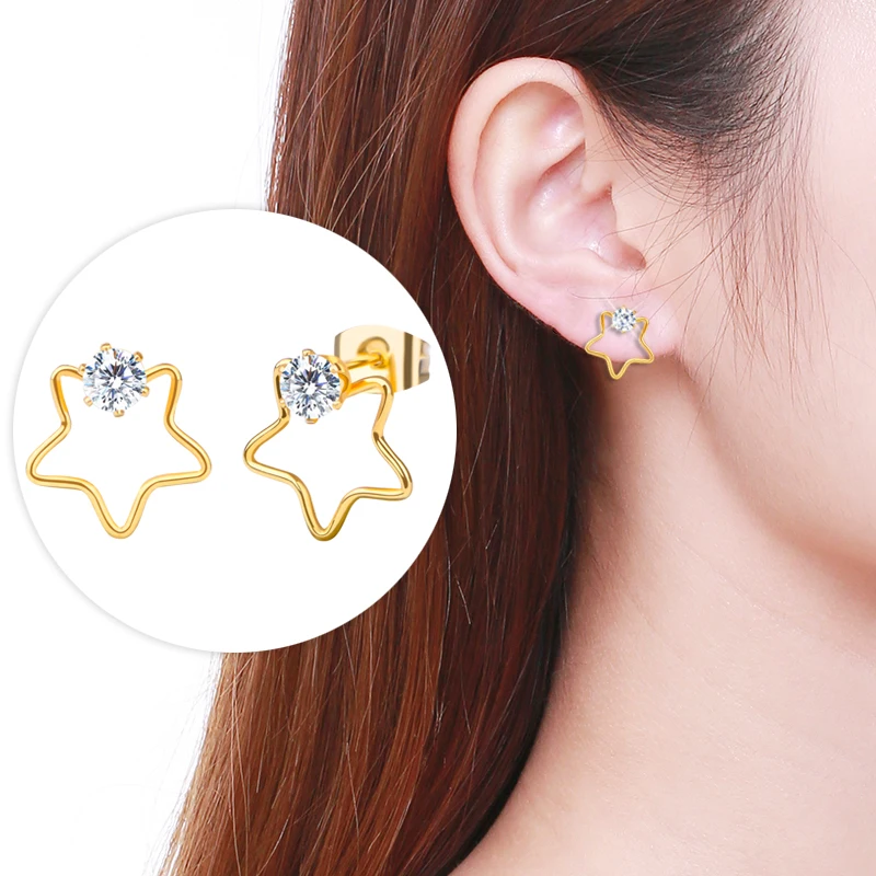 Korean Male Stainless Steel Stud Earring Fashion Luxury CZ Earrings Christmas Gold Rose Gold Silver Star Earings For Girls Gift  (3)