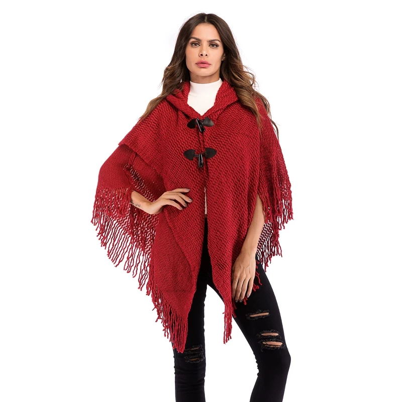 Осень 2018 шарф Для женщин трикотажные Кнопка кисточкой Винтаж модные элегантные рукав "летучая мышь" с капюшоном шаль дамы пальто манто Femme