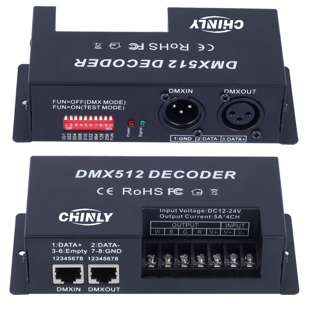 DMX 512 RGBW светодиодный декодер, 4 Каналы RGBW, постоянный диммер, светодиодные полосы света, черная пластиковая коробка, DMX RGB контроллер 5A DC12-24V