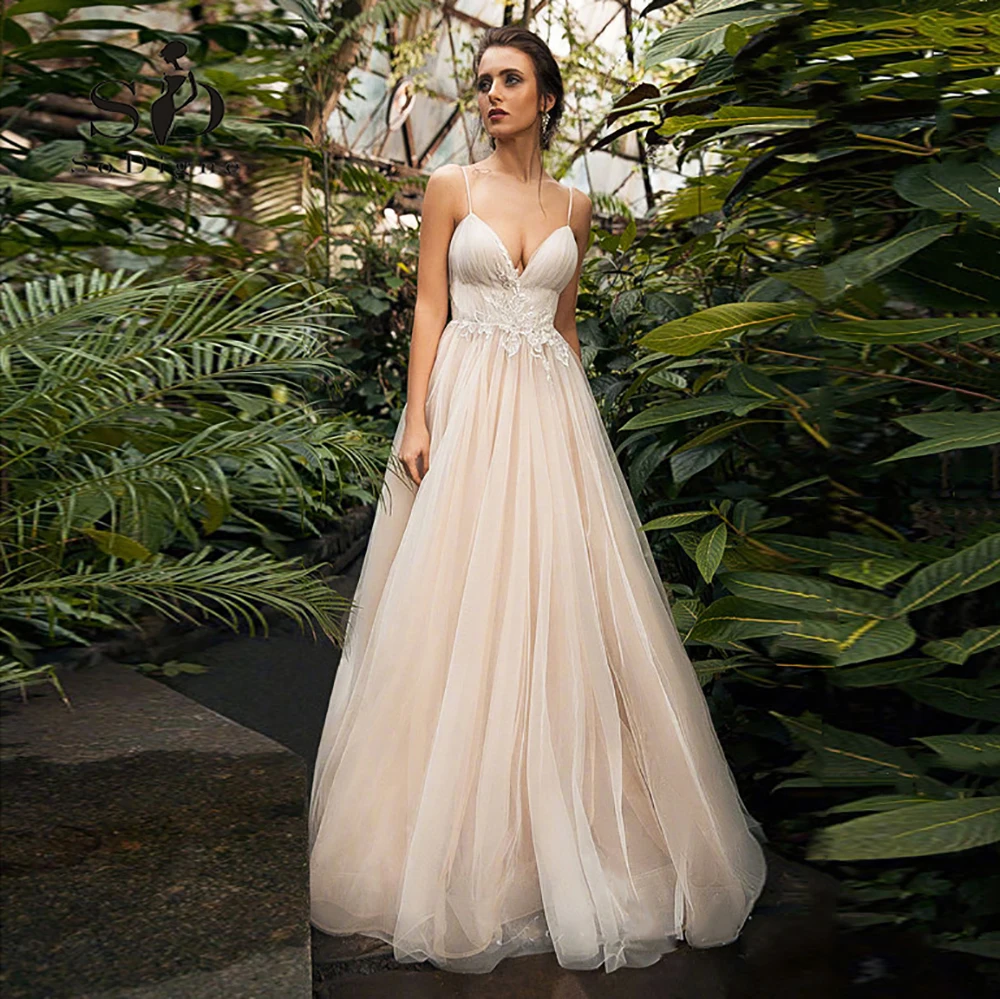 

Beach Wedding Dress 2019 Lace Appliques Bridal Gown Tulle Spaghetti Strap Wedding Gown Vestido de Noiva