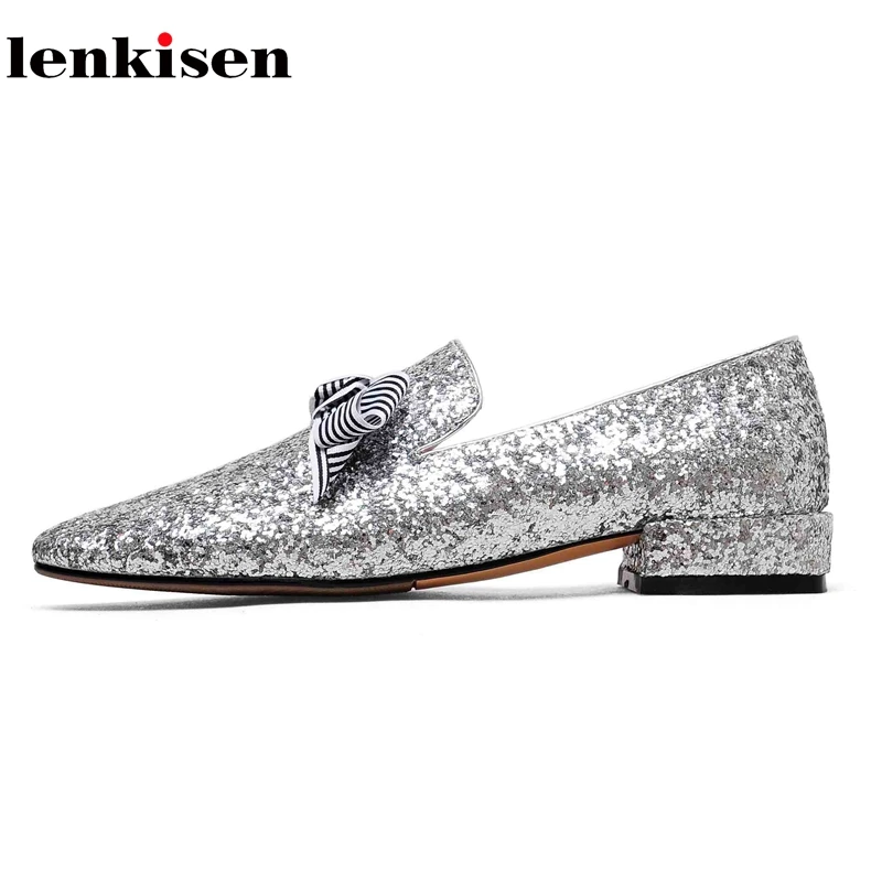 

Lenkisen 2018 new sequined cloth real leather bowtie fasteners office lady slip on bling shiny fashion pregnant preppy pumps L74