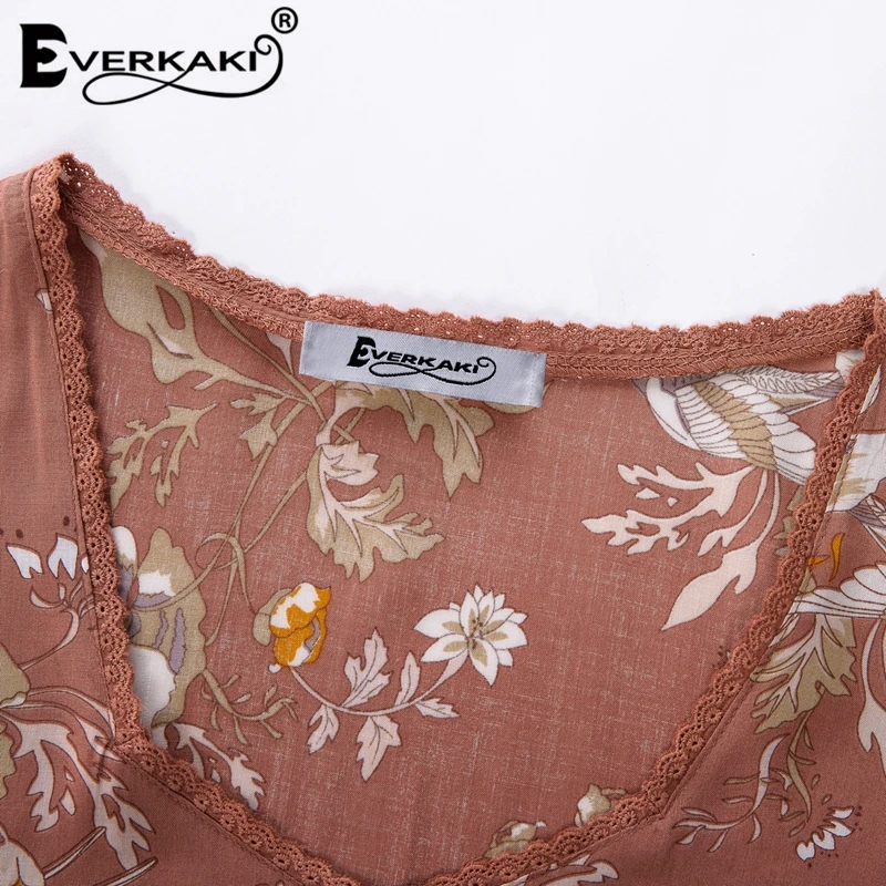 Everkaki Gypsy Floral Print Cotton Dress Women V Neck Lace Bohemian Midi Tunic Dress Boho Style Women Clothes 2018 Spell Design