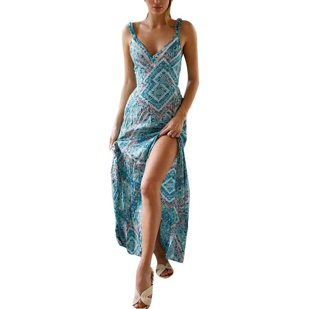 

Backless Sexy V Neck Dress Floral Pattern Bohemian Bandage Loose Ruffled Spaghetti Strap Summer Split Women Fashion 2019