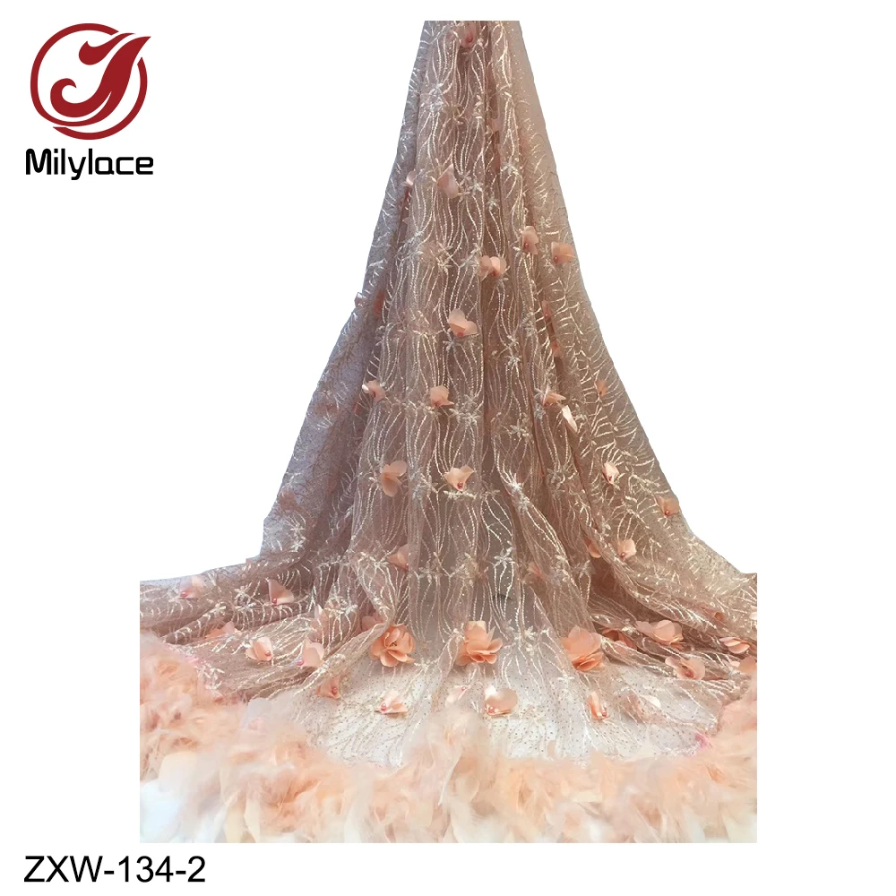 Высокое качество 3d Цветочная кружевная вышивка и перьевые кисточки кружевная ткань Горячая французская кружевная ткань для вечерние платья ZXW-134