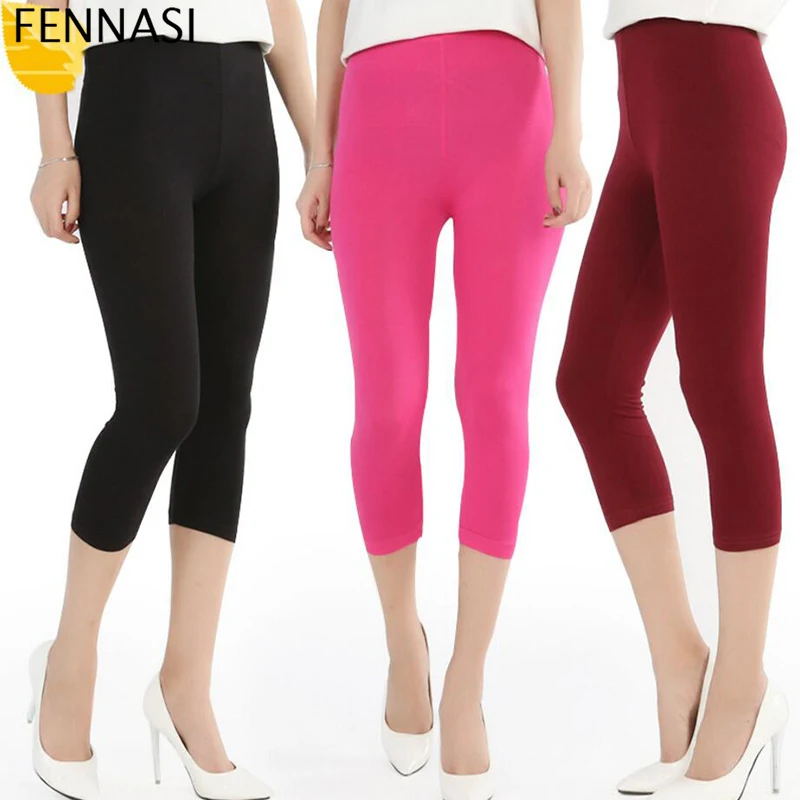 

FENNASI Women Cropped Leggings 3/4 Length Summer Style Candy Color Lady Leggings Plus Size High Elastic Pants Push Up Leggings