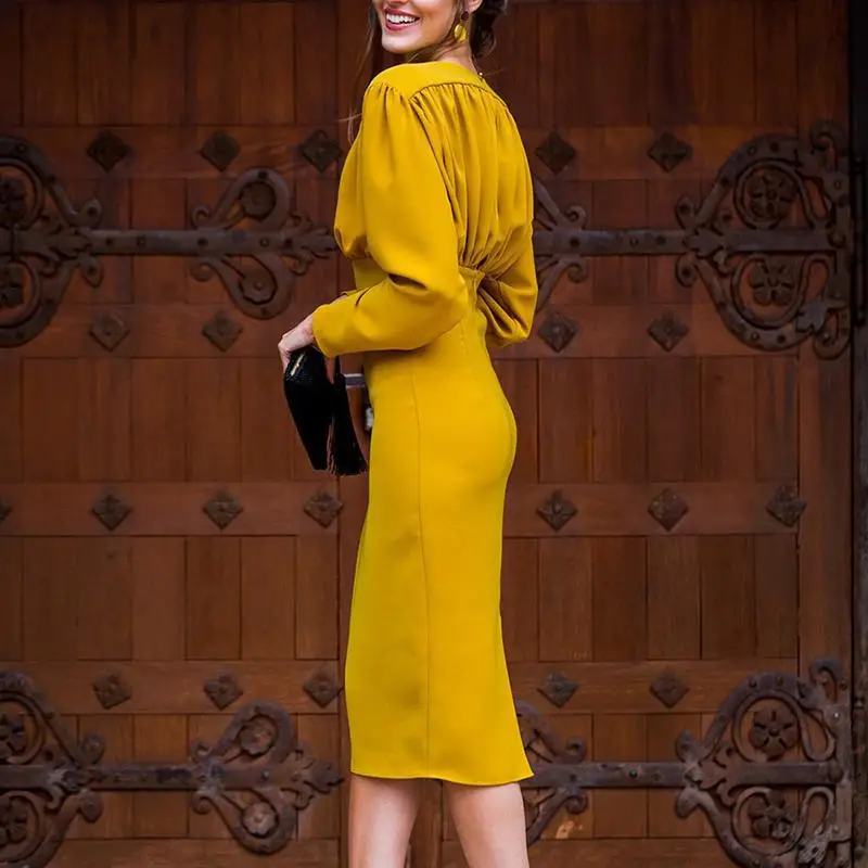 Женское дизайнерское офисное платье с рюшами и баской, летнее платье миди с длинным рукавом, элегантное вечернее платье желтого цвета с v-образным вырезом