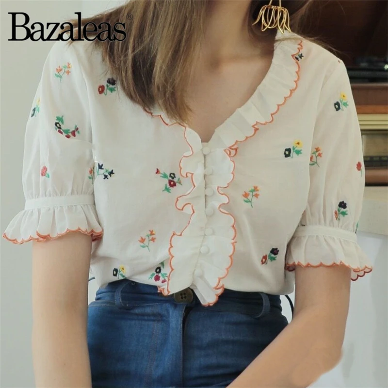 Bazaleas винтажные хлопковые блузки с цветочной вышивкой французские оборки на