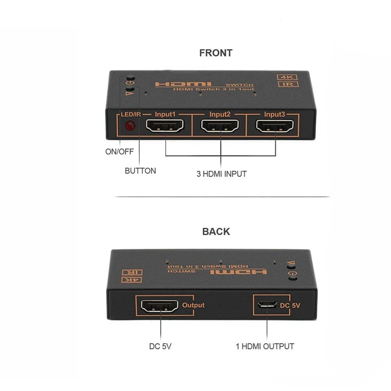 Hdmi-переключатель 3 в 1, hdmi-коммутатор, встроенный ИК-переключатель с дистанционным Hdmi-переключателем, селектор 3 в 1 Hdtv для портативных ПК