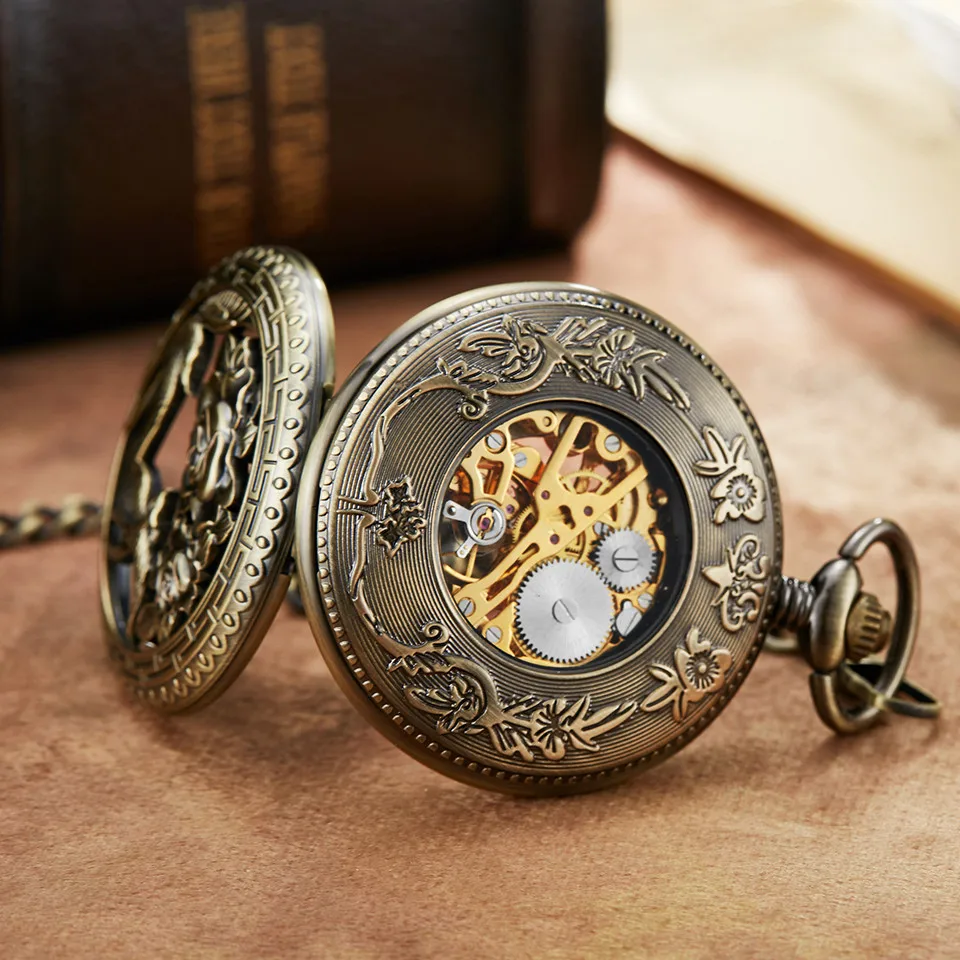 Ретро Полые Бронзовые Птицы Цветочная скульптура Механические карманные часы Уникальный Скелет символ удачи Механические карманные часы брелок цепь