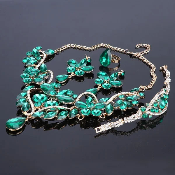 Роскошное Кристальное ожерелье с цветком из страз браслет серьги кольцо набор для женщин Свадебные Ювелирные наборы 5 цветов - Окраска металла: Green