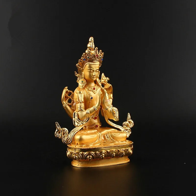 14,8 см, сплав, металл, позолота, буддистские поставщики, авалокитесвара Бодхисаттва, четыре руки, Гуаньинь, тибетская фигура, статуя Будды