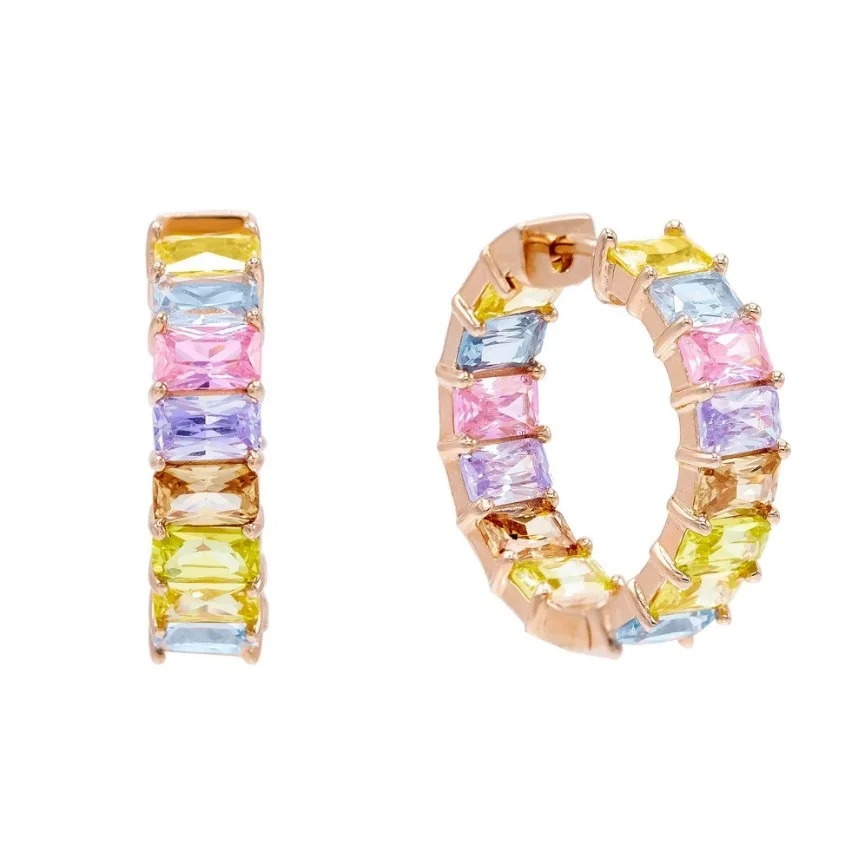 2021 Gold Plated Rainbow CZ Pinky Pastel Hoop Earring For Women Fashion Colorful Square Cubic Zirconia Pink Luxury Charm Jewelry | Украшения