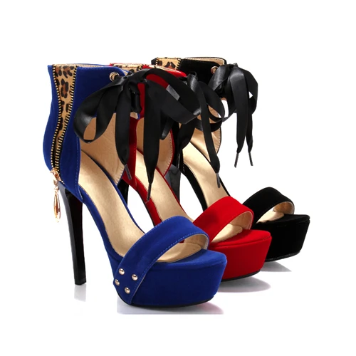 

Size 40 43 Ladies High Heels Sandals Ankle Wrap Platform Stiletto Shoes Platform Rivets Bow Sexy Leopard Pumps Blue Red BAB-0B
