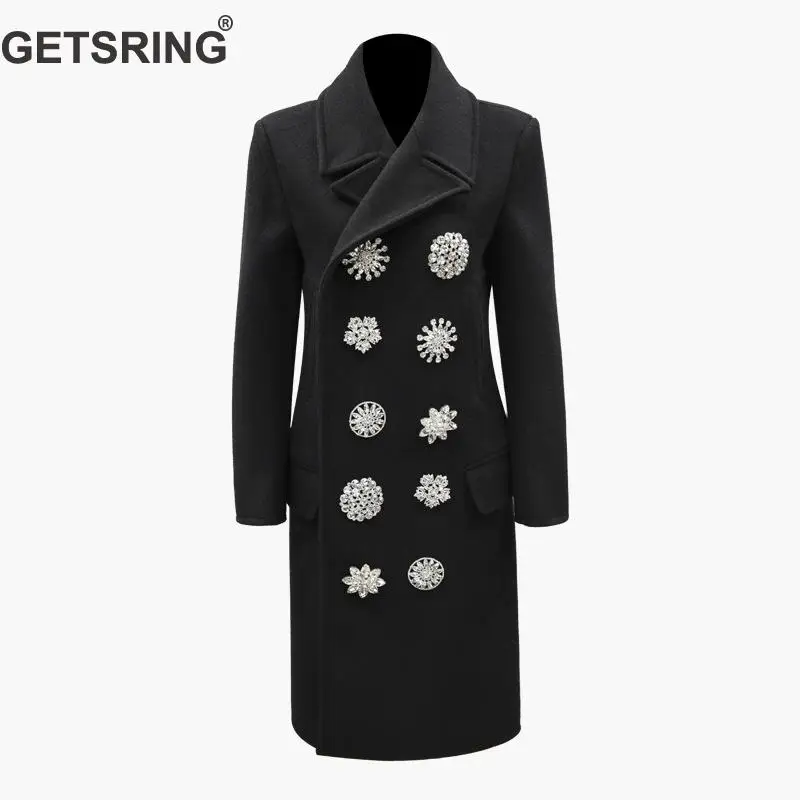 

GETSRING Women Coat Diamond Black Woolen Long Winter Coat Women Split Double Breasted Female Overcoat 2019 New Fashion Casual