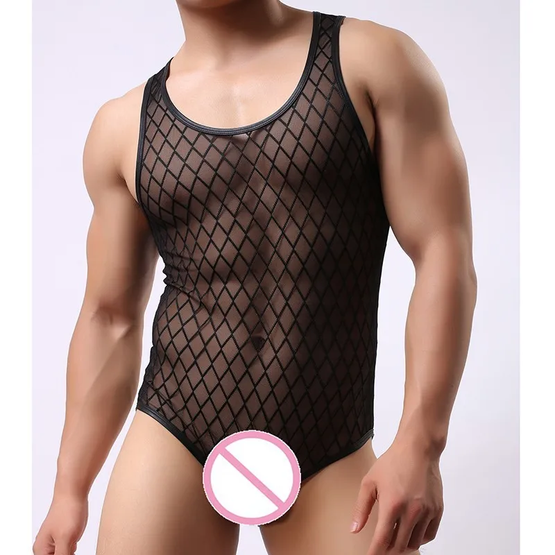 Fashion Brand Plaid Fishnet Transparent Man Sexy Fitness Shapers Gay Funny Bodybuilding Bodysuit/Hot Shapewear Size M L XL