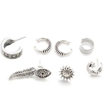 

12 Sets/Lot Antique Silver Color Sun Star Moon Stud Earrings Set For Wome Eyes Leaf Feather Ear Clip Eardrop Jewelry Accessory