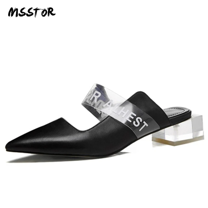 

MSSTOR Transparent Leather Mules Sexy Yellow Fashion Pointed Toe Slippers Women Summer Mixed Colors Ladies Slippers Outdoor