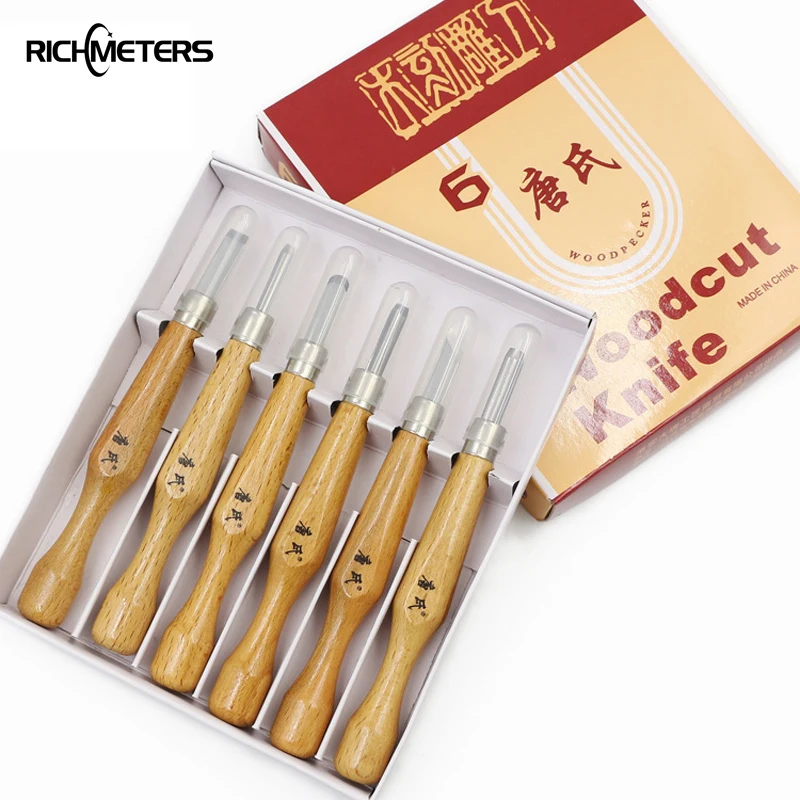 

6 Pcs/set Wood Carving Tool Kit with Wooden Handle Multi-function Cutter Knife Tools for Carving Wood