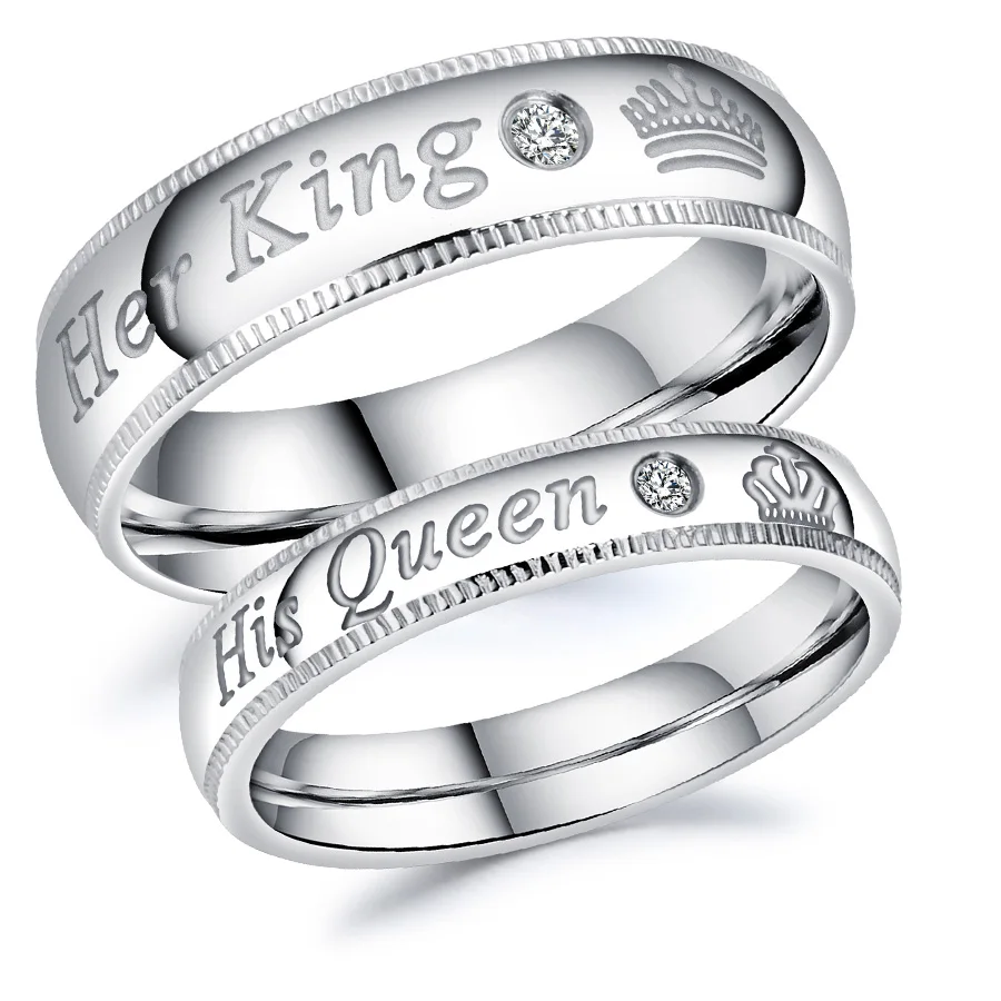 &quotHer King His Queen'' пара колец серебристо белые свадебные кольца для мужчин и