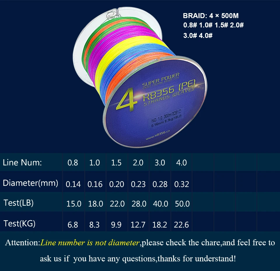 K8356 500M547Yards 4 Stands PE Line Braided Fishing Line 100% PE Multifilament Fishing Line Super Strong High Quality 15LB-50LB (8)