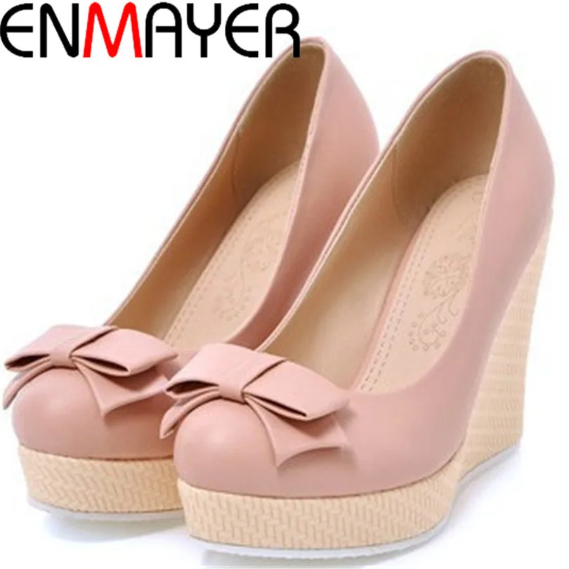 

ENMAYER New Shoes Pumps Autumn Sweet Bow Ladies High Heels Shoes Woman Pumps Platforms Female Wedding Shoes Glitter Sale