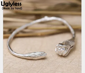 

Uglyless Real S990 Silver Magnolia Flower Bangles for Women Elegant Romantic Floral Opening Bangle Handmade Ethnic Dress Jewelry