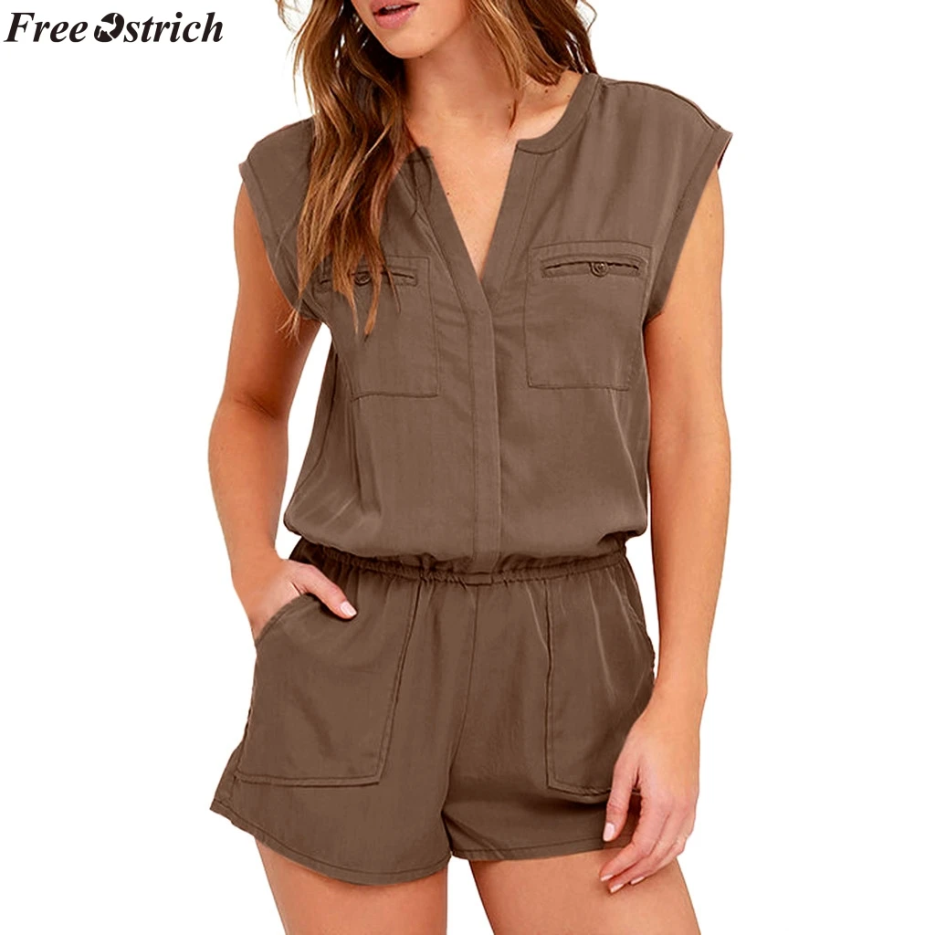

FREE OSTRICH Women's Slim Fit V-neck Short Jumpsuits Fashion ladies Multi-pocket Button Sleeveless Casual Rompers Plus Size