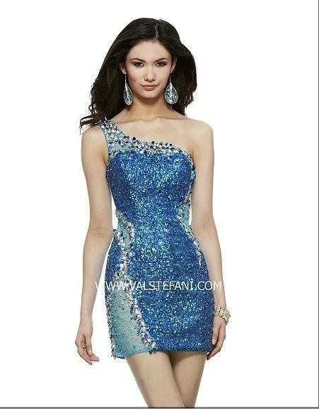 Вышитый бисером кристалл одно плечо короткие vestido де noiva сексуальная синий элегантный рождественский вечер пром коктейльные платья - Цвет: Синий
