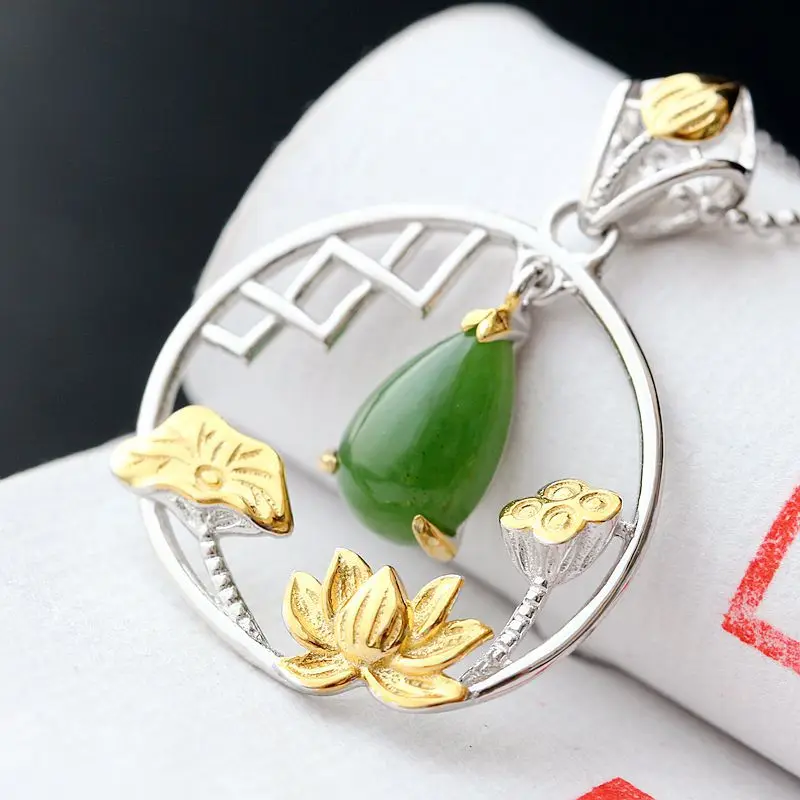 

Wholesale Hand Inlaid Natural Jasper Retro Thai Silver Pendant Women's Vintage Lotus S925 Sterling Silver Pendant