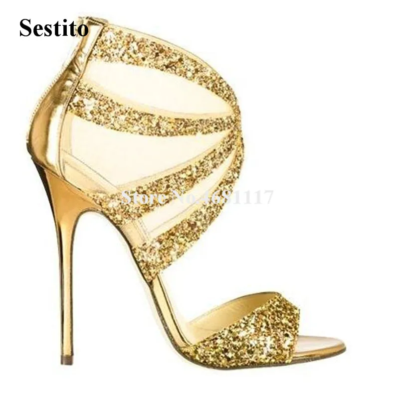 

Women Bling Bling Peep Toe Sequined Mesh Stiletto Heel Gladiator Sandals Cut-out Back Zipper-up High Heel Sandals Dress Shoes